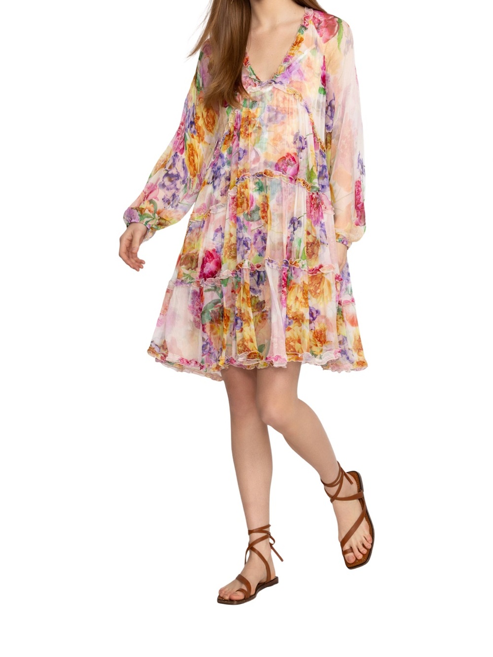 Johnny Was Fionna Silk Floral Tiered Mini Dress